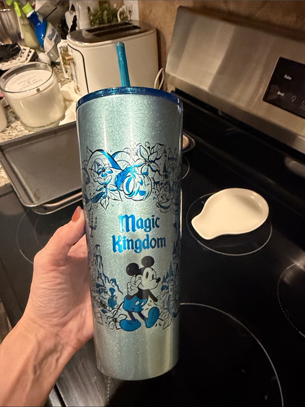 Disney Blue Glitter Magic Kingdom Mickey Stainless Tumbler with Straw